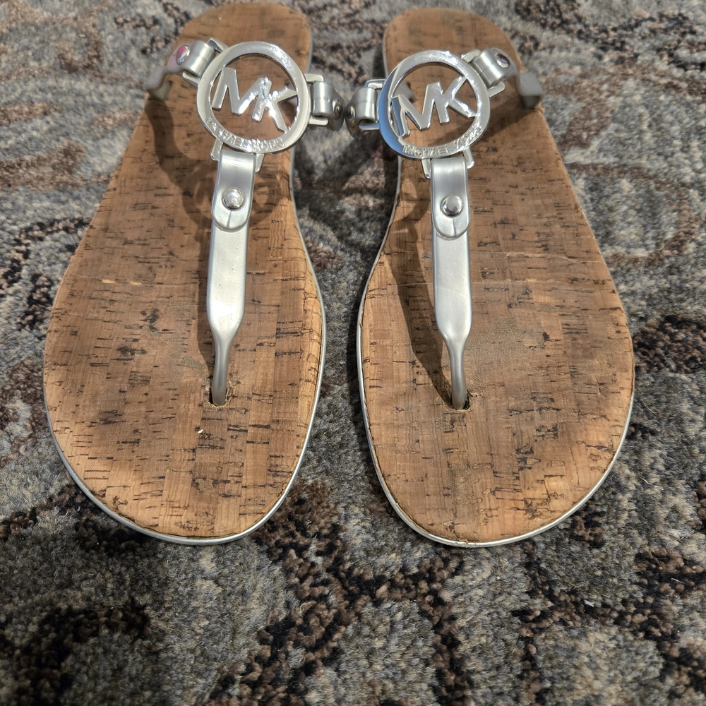 Michael Kors Silver MK Cork Thong Sandals